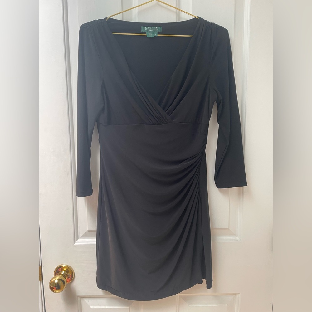 8 Lauren Ralph Lauren Black 3/4-Sleeve V-Neck Ruched Dress